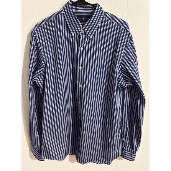 Ralph Lauren Button Down Shirt Mens Large Navy Blue White Striped  Long Sleeve - Picture 2 of 7
